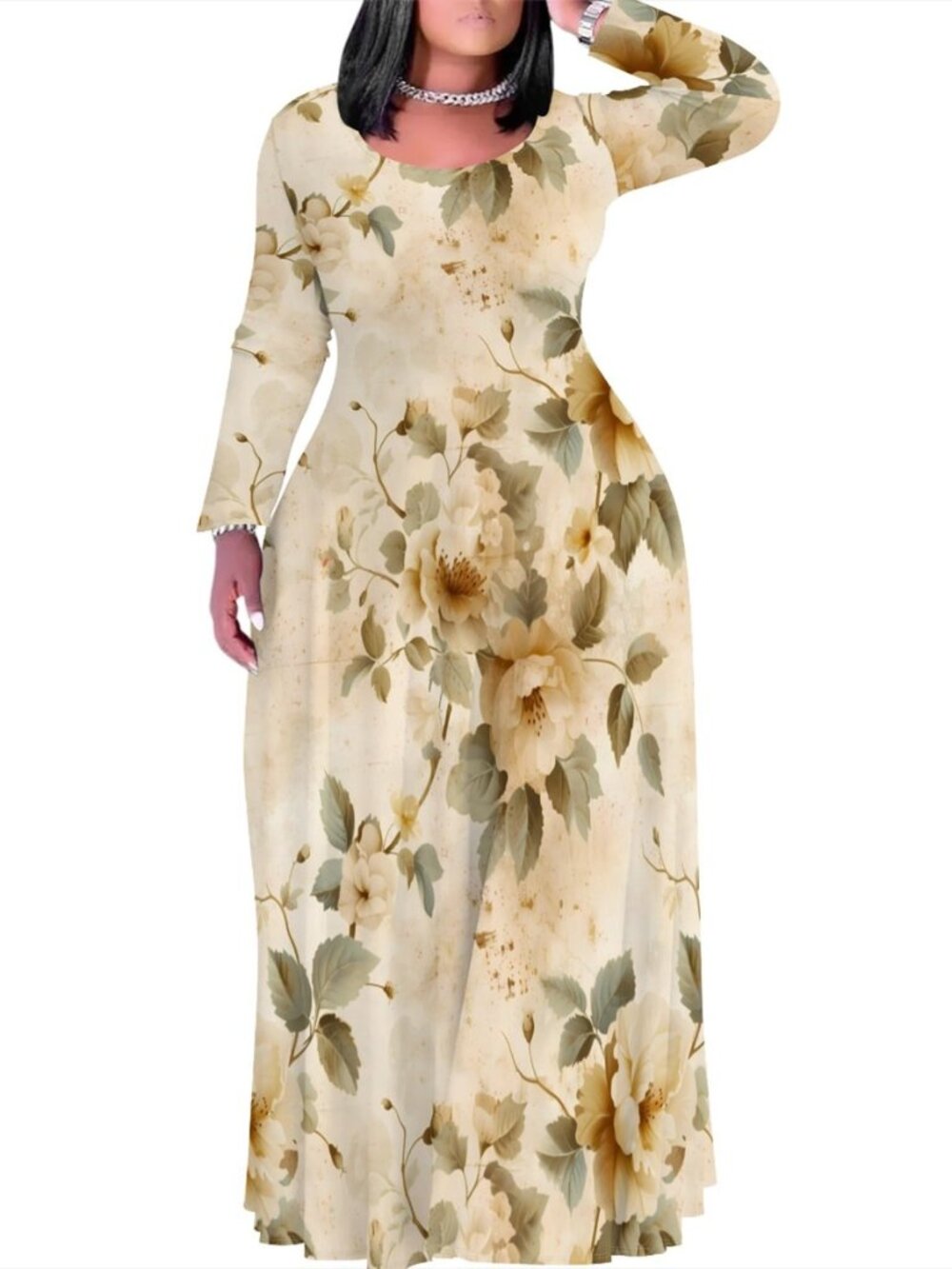 Plus Size Maxi Dresses for Women Long Sleeve Crew Neck Casual Fall Dress with